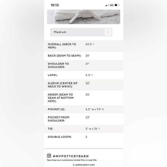 Pottery Barn Classic Robe, OEKO-TEX certified . 100% cotton . Size Medium, NWT - Picture 5 of 6